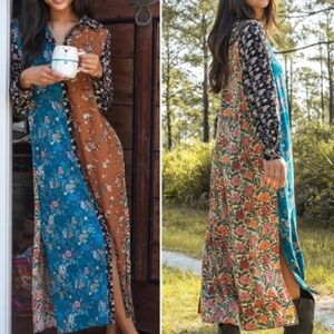 Natural Life Esme Turquoise Mixed Floral Maxi Shirt Dress Button XS Bohemian